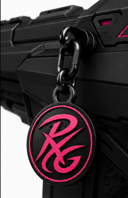 PXG merchandise teaser — keychain medallion on a Valorant weapon
